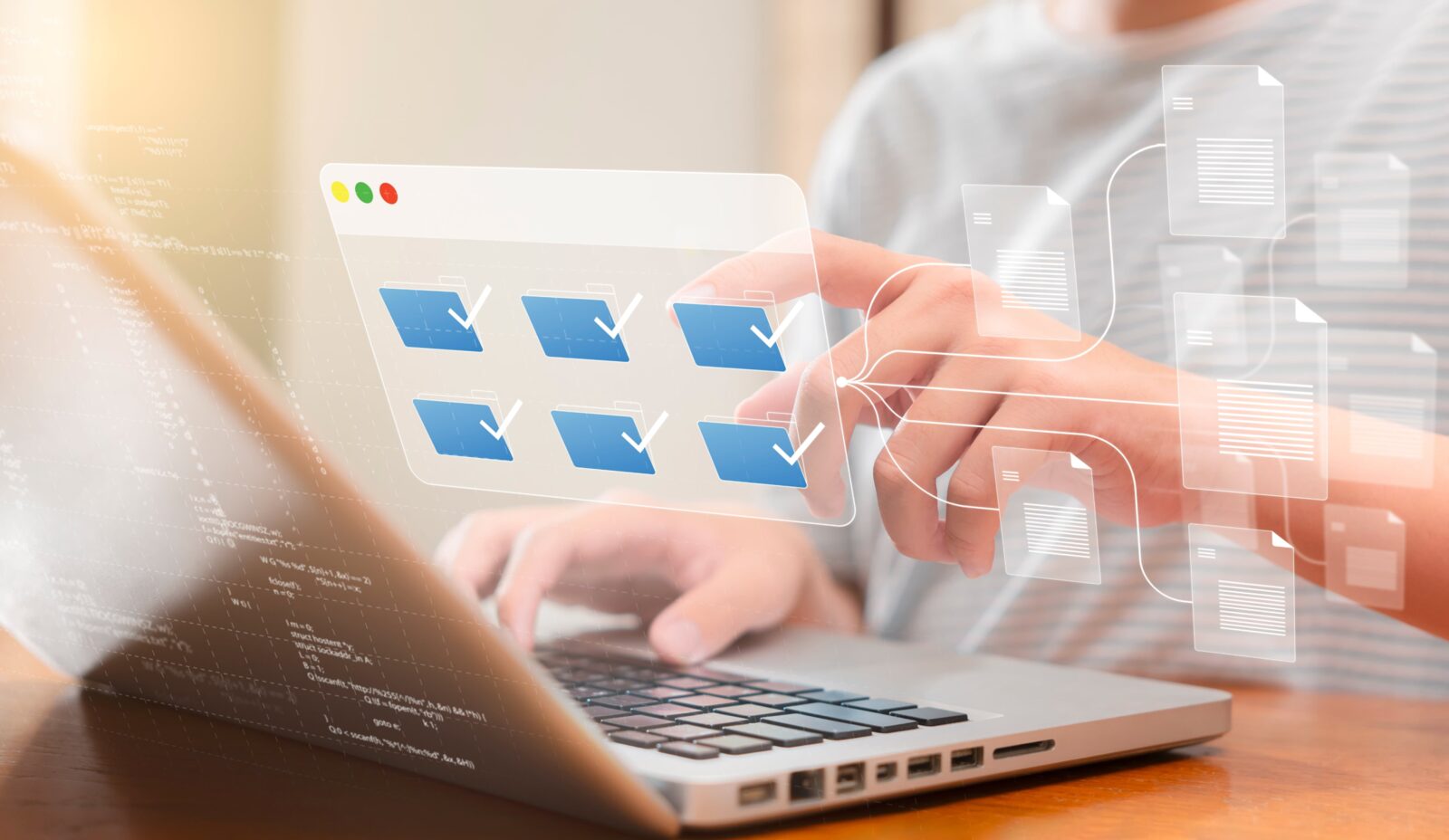 Hands on a laptop keyboard with a checklist interface displayed above it