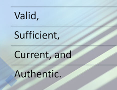 The graphic lists the qualities of valid, sufficient, current, and authentic information for vet compliance.